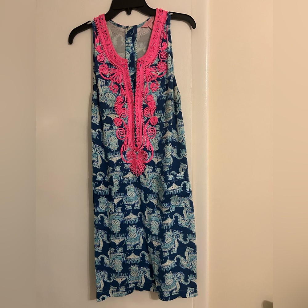 Lilly Pulitzer Navy Elephant Print Dress with Hot Pink Embroidered Yoke